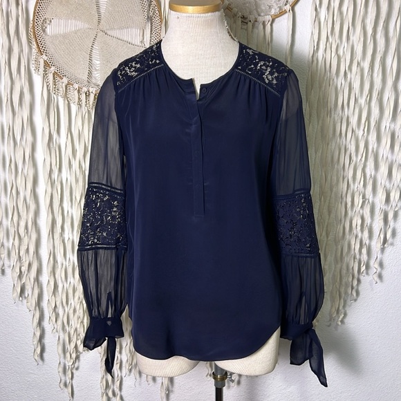 Rebecca Taylor Sara Lace Panel Silk Long Sleeve Blouse Ties at Cuff size 2 Navy - Picture 6 of 12